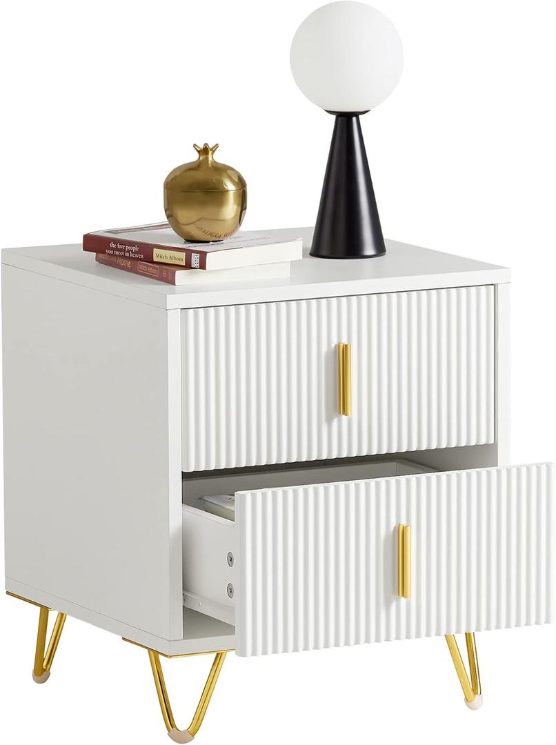 SoBuy White Nightstand with 2 Drawers  Modern Fluted Bedside Table with Metal Handles & Feet, Small Accent Storage Cabinet for Bedroom, FBT115-W