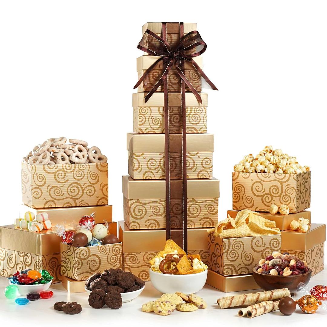 Broadway Basketeers Festive Gift Basket Tower Gourmet Food Gifts with Chocolates, Cookies, Snacks & Treats - Christmas Gift Tower for Celebration, Birthday, Corporate & Thank You Occasions , Best By: End Jan 2026