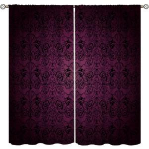 Damask Gothic Curtains for Kitchen,Set Antique Victorian Fabric Window Drapes,Vintage Purple Gothic Botanical Floral Print for Bedroom Living Room 42x45inNo Blackout