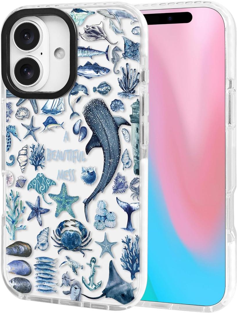 ChiCsFleur for iPhone 16 Case, TPU Phone case with Camera Protection for Women Girls Teens - Blue Whale Shark Stingray Coral Starfish Crab Beautiful Mess Ocean Collage Sorority Aesthetic Unique