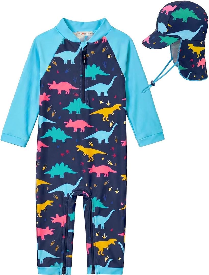 WeVSwe Toddler Rash Guard Boy Long Sleeve UPF 50+ UV Protection Baby Boy Bathing Suit Swimsuit & Hat Infant Blue Dinosaur 18-24 Months