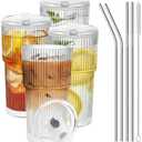 RÉΑLWÁY Iced Coffee Cups with Lids and Straws, 20 OZ Glass Tumbler with Straw and Lid, Clear Ribbed Glass Cups Reusable to Go Coffee Tumbler for Matcha, Smoothie, Cocktail,Latte, 4 Pcs