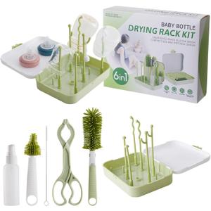 6 in 1 Baby Traveling Set Includes Straw Cleaner, Silicone Brush, Nipple Brush, Soap Dispenser, Drying Rack + Tray and Bottle Clip, Brush Washer, Newborn Essentials, Girl and Boy Gifts, Green