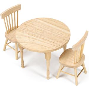 1/12 Miniature Dollhouse Round Table and 2 Chairs Dining Set, Mini Wooden Unpainted Burlywood Barbie Kitchen Furniture Accessories