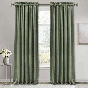 RYB HOME Room Darkening Velvet Curtains 2 Panels Set, Luxury Window Treatment Privacy Thermal Insulated Backdrops for Living Room, 52 inch x 84 inches, Sage Green