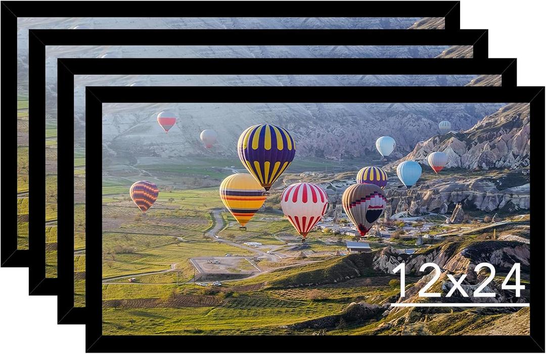 12x24 Picture Frame Set of 4 Black for Poster Photo Picture, Horizontal and Vertical Formats for Wall Hanging, 12 x 24 Wall Gallery Poster Photo Frame for 12 by 24 Photos Posters, 4 Pack, Black