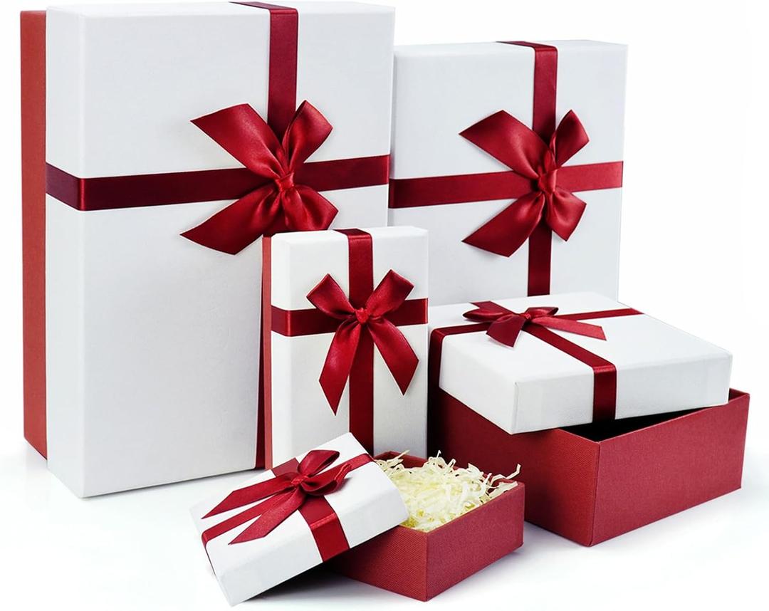 Gift Box for Present, Set of 5 Gift Boxes with Lids, Boxes for Gifts, Red Gift Boxes with Ribbon for Valentine's Day, Anniversaries, Birthday, Weddings, etc.(Red/White)