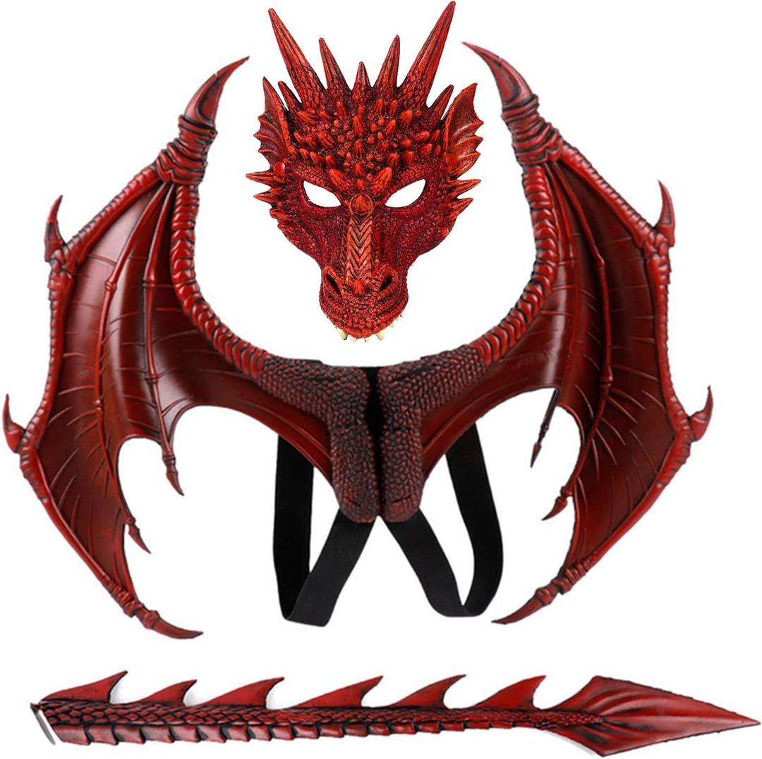 Alodidae Dragon Costumes Set Devil Wings Demon Tail Dino Mask for Halloween Masquerade Party Cosplay (Red)