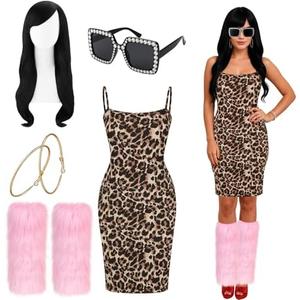 Ramede 5 Pcs Halloween Reality TV Personality Costume Accessories Leopard Dress Earrings Wig Leg Warmer Sunglasses Women L