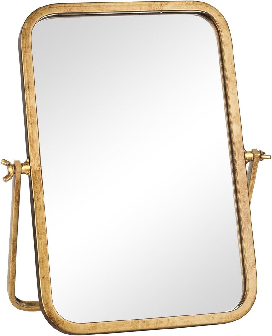 Vintage Makeup Desk Mirror, 12" L x 7.9" W Antique Gold Vanity Table Mirror, Metal Framed Rectangular Small Standing Mirrors, 360 Adjustable Rotation Mirrors for Tabletop, Bathroom