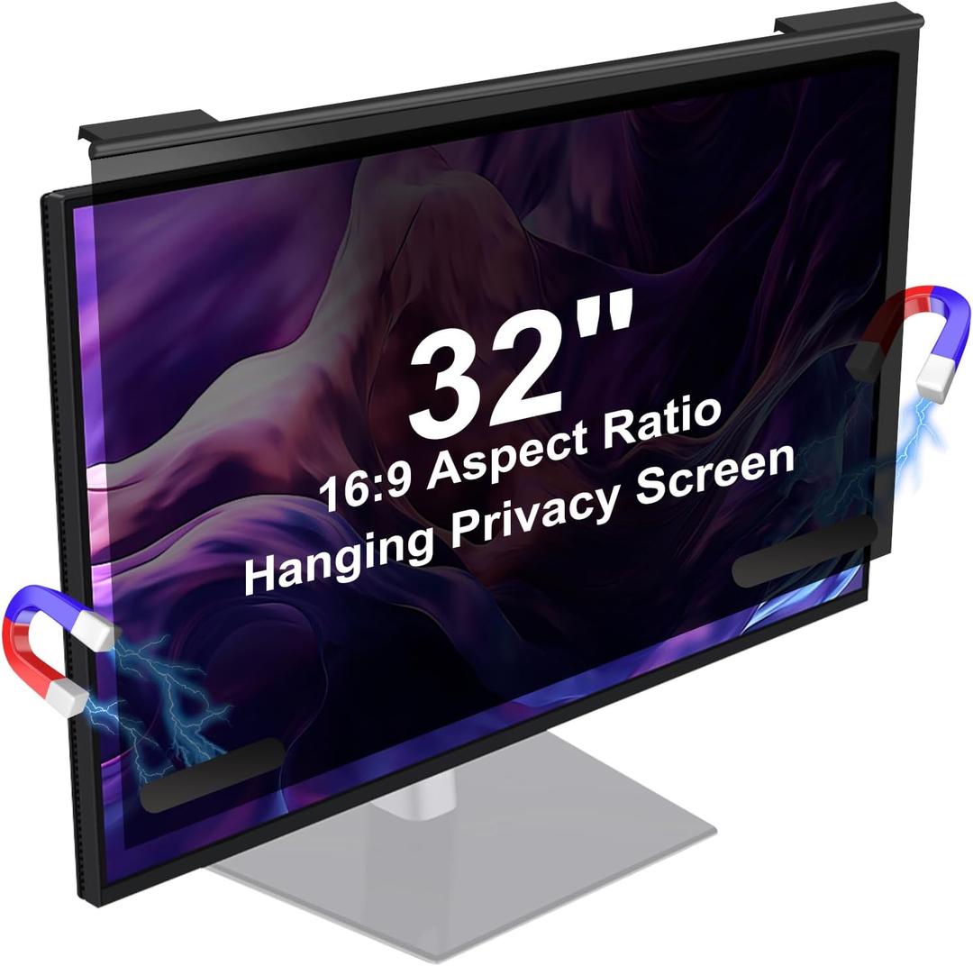 Magnetic Hanging Computer Privacy Screen Filter 32 Inch, Removable Aluminum Alloy Privacy Shield for 16:9 Widescreen Monitor, Anti Spy Anti Scratch Anti Glare Blue Light Screen Protector
