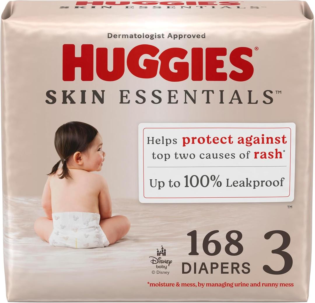 Huggies Size 3 Diapers, Skin Essentials Baby Diapers, Size 3 (16-28 lbs), 168 Count (3 Packs of 56)