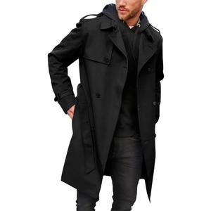 Pretifeel Mens Trench Coat Slim Fit Double Breasted Long Jacket Notched Lapel Belt Fall Windproof Coat (X-Large, Black)
