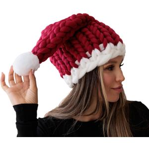Pin Up Doll Hand Knitted Chunky Unique Santa Hat, Red Santa Beanie, Christmas Party Women's Slouchy Christmas Hat