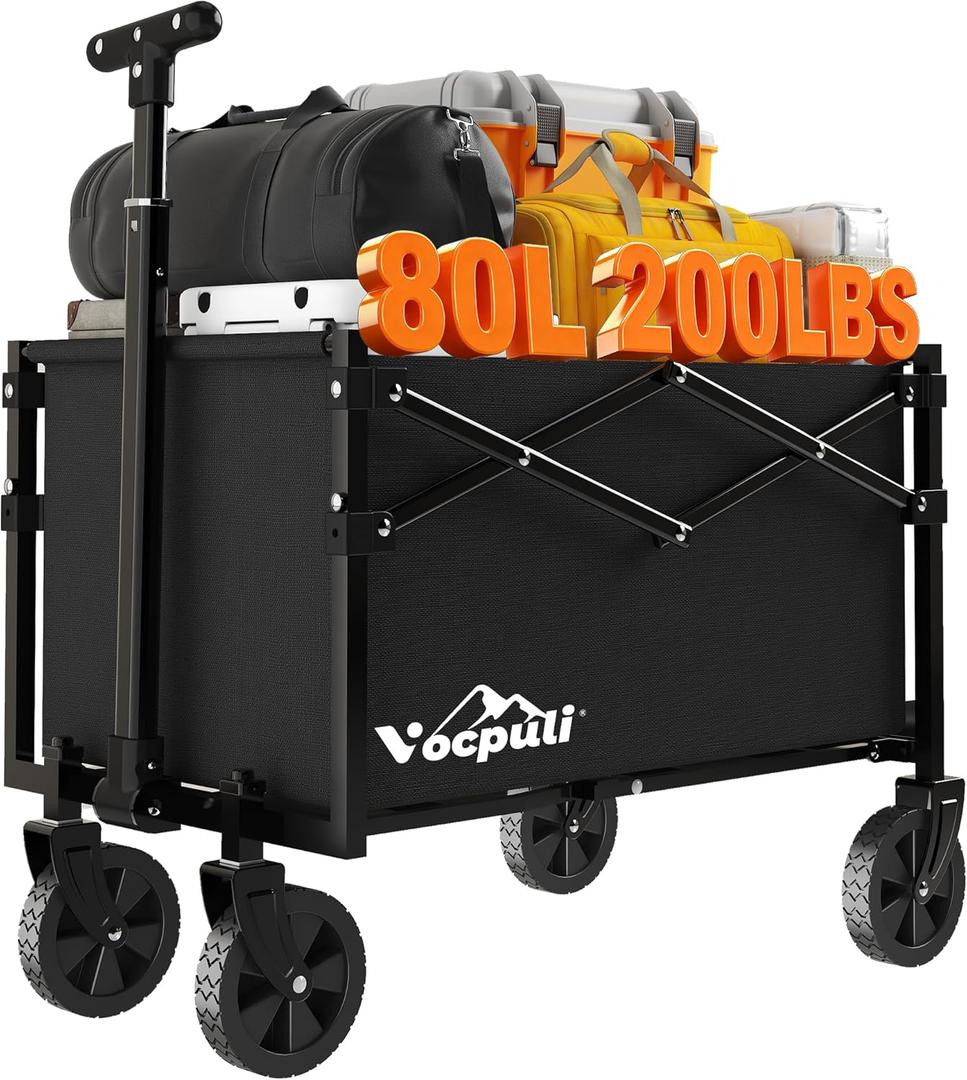 25" L Collapsible Wagon Cart Foldable, 200lbs Weight Capacity 80L Folding Beach Wagons with All-Terrain Wheels, Utility Carts for Groceries, Shopping, Camping, Sports - Black