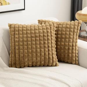 FUTEI Camel Decorative Throw Pillow Covers 20x20 Inch Set of 2,Square Cushion Case,Fluffy Faux Rabbit Fur Plaid & Soft Velvet Back,Modern Home Decor for Couch Bed