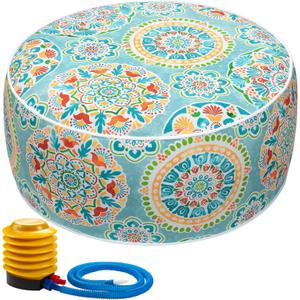 Inflatable Stool Ottoman Footrest with Handle, All Weather Footrest Seat with Foot Pump D20 xH9, Water Repellent Footstool Pouf for Home Patio Garden and Camping Use-Cyan Circle