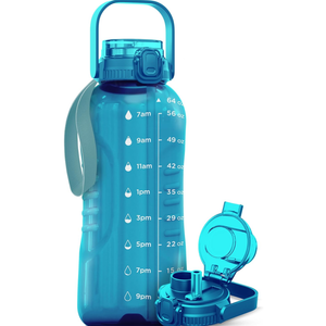 AQUAFIT 64 oz Water Bottle with Time Marker - 2in1 Straw & Chug Lid - BPA Free Big Water Bottle with Straw - Gym Water Bottle with Strap - Water Jug (64 Ounces, Aqua)