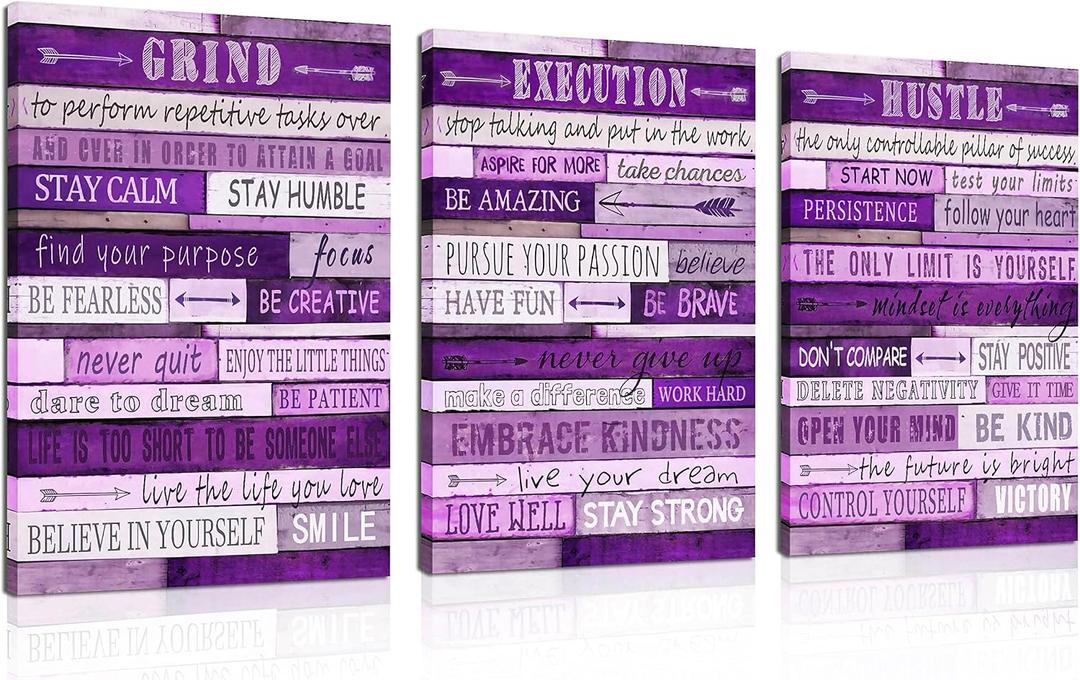 Purple Room Decor for Women - Motivational Inspirational Quotes Wall Art for Office - Large Canvas Wall Art Ready to Hang Size 16" x 24" x 3 Pieces, 24"L x 16"W x 3PCS