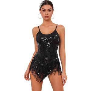 ODIZLI Women Sparkle Sequins Fringe Tassel Leotard One Piece Bodysuit Latin Dance (X-Small, Black)