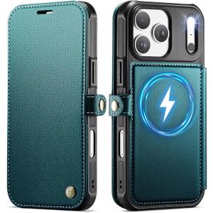 for iPhone 17 Pro Case Wallet Compatible with Magsafe, Slim PU Leather Flip RFID Blocking Card Holder Stand Shockproof Magnetic Women Men Wallet Phone Case Cover for iPhone 17 Pro, Blue Green