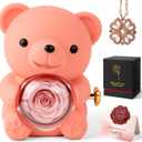 Teddy Bear with Preserved Rose Flower in Bear with Necklace and Box, Unique Mothers Day Gifts for Mom from Son Daughter (Pink+ Gift Box), 5.86 x 8.35 x 5.96 inches