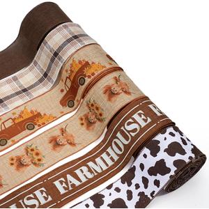 LaRibbons Fall Burlap Plaid Ribbon Wired 2 1/2" x 6 Yards 6 Rolls, Harvest Farm Ribbon for Autumn Wreath Thanksgiving Christmas Farm Gift Wrapping Home Decor