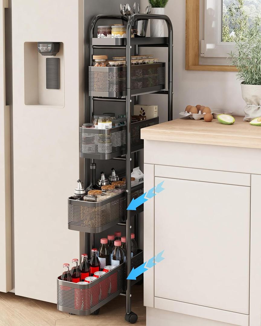 UMDONX Slim Storage Cart 5 Tier with Pull Out Basket Bathroom Organizer Rolling cart, Rolling Utility Cart Slide Out Organizer for Kitchen, Bathroom, Laundry Black