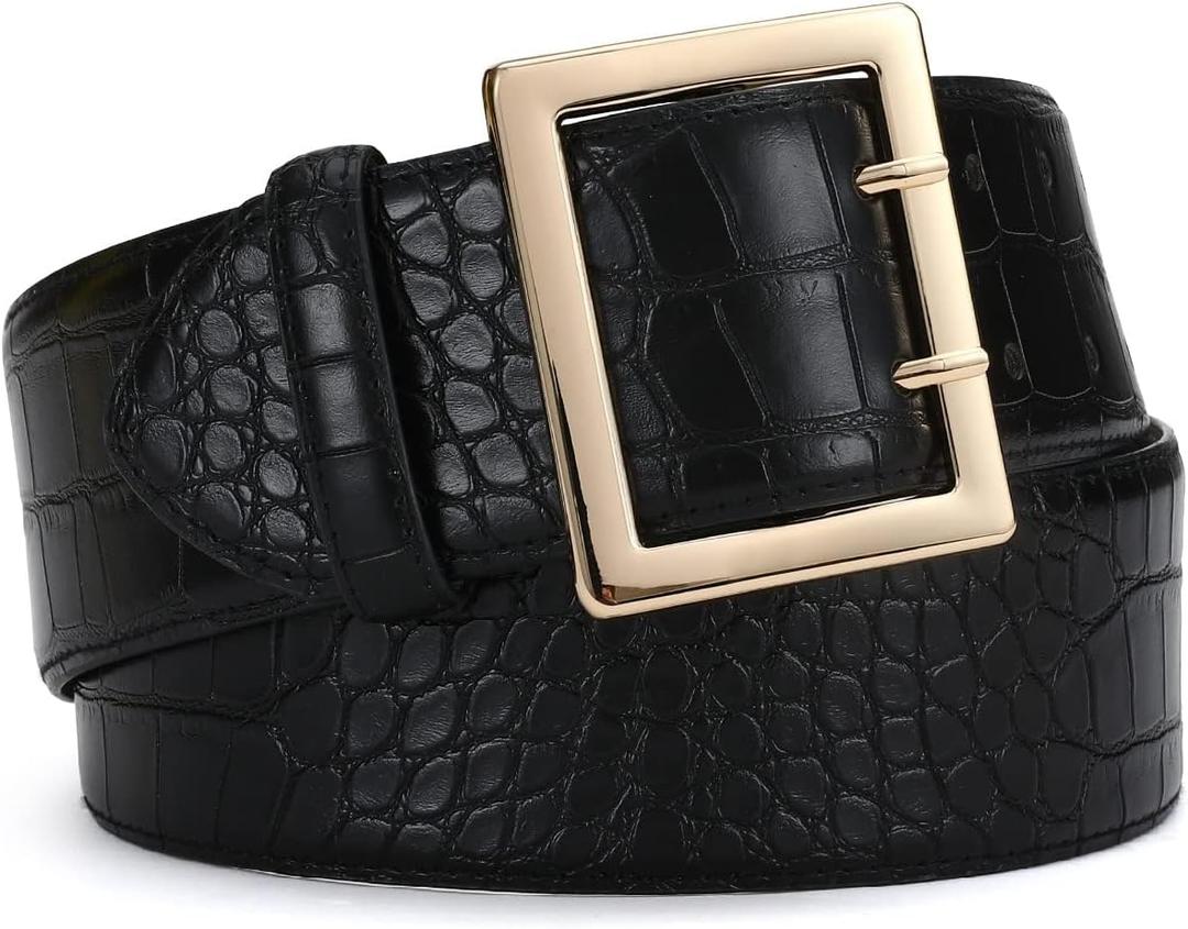 Wide Belts for Women Leather Wide Belts Fashion Thick Black Belt With Gold Buckle Belt for Dresses (L: Fit Waist Size 35"-39")