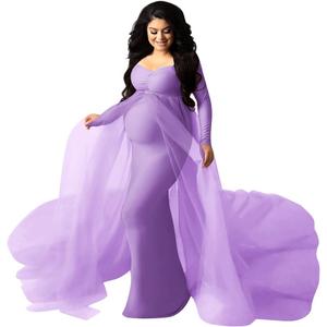 Women Off Shoulder Long Sleeve Maternity Dress Tulle Elegant Slim Fit Gown Baby Shower Photography Maxi Dress for Photo Shoot (Medium, Light Purple)