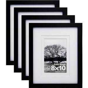Egofine 8x10 Picture Frames Set of 4, Made of Solid Wood Covered by Plexiglass 4x6 and 5x7 with Mat or 8x10 without Mat, for Table Top Display and Wall Mounting Photo Frame Black