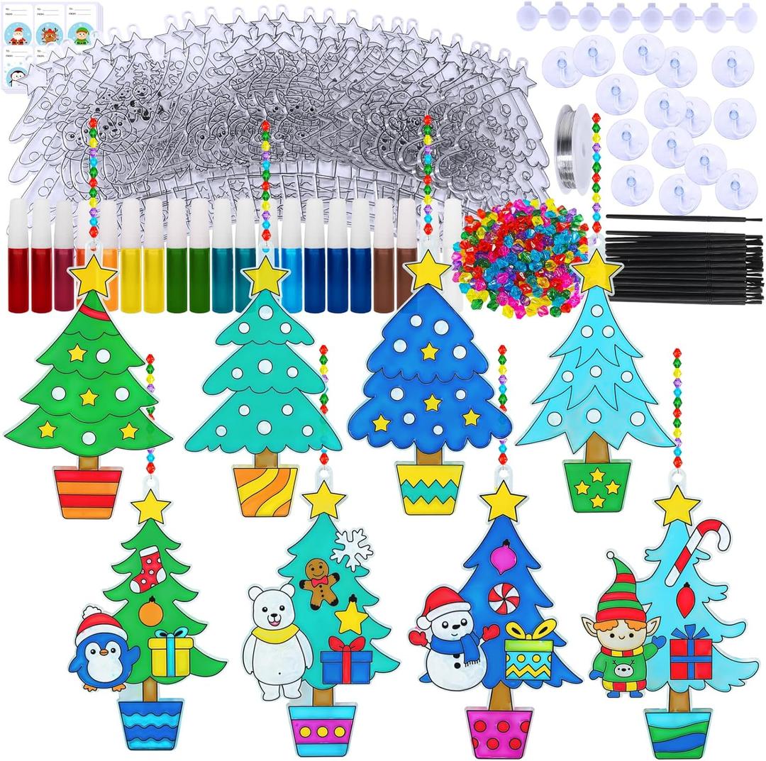 Winlyn 24 Sets Potted Christmas Tree Suncatchers Ornaments Decorations DIY Window Paint Art Suncatchers Winter Crafts Painting Kits for Kids Classroom Activities Art Project Party Favors