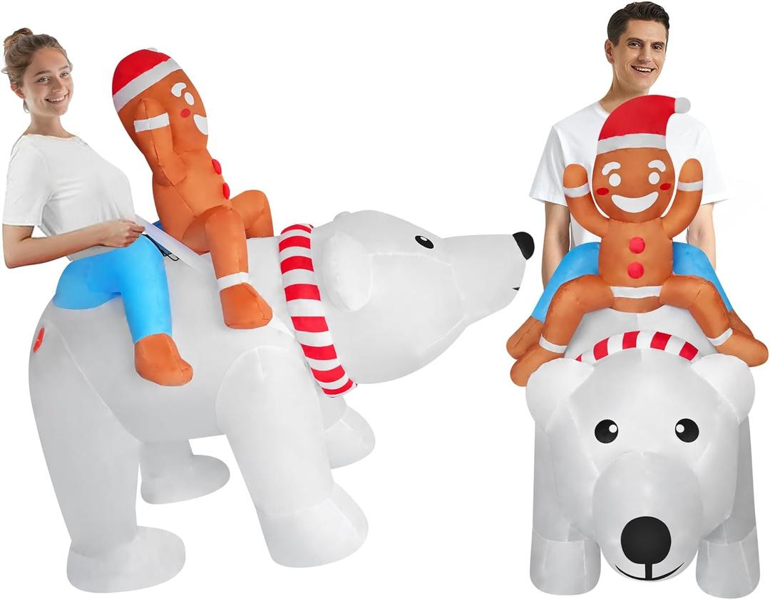 Funny Inflatable Gingerbread Man Riding On Polar Bear Costume Blow-Up Outfit for Adult/Christmas Parade/Halloween