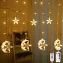 WATERGLIDE 138 LED Star Moon Curtain Decorative Lights, Window Curtain Fairy String Lights, Remote Control & USB Plug, 8 Lighting Modes for Home Holiday Ramadan Christmas Wedding Party, Warm White