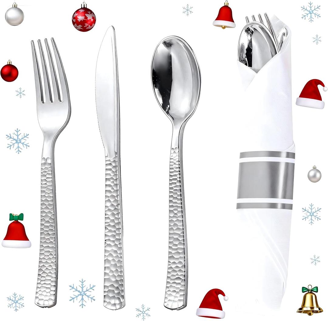 WELLIFE 50 Pack Silver Plastic Silverware,Wrapped Silverware Set Disposable,Hammer Pattern Design,Includes:50 Forks, 50 Knives, 50 Spoons, 50 Napkins,Utensils Plastic Disposable for Christmas