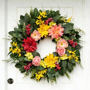 Spring Summer Eucalyptus Wreaths for Front Door Outside 24Inch Door Yellow Daisy Wreath with Sunflower Peony Dahlia Green Leaves for All Season Indoor Outdoor Home Farmhouse Porch Wall Window Decor