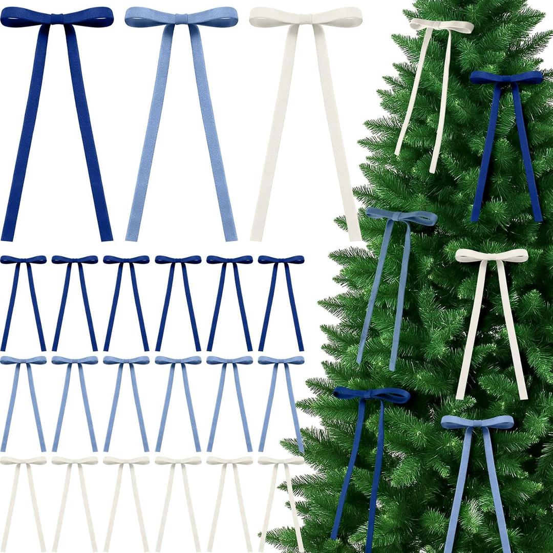 Chuangdi 30 Pcs Blue Velvet Ribbon Bows Christmas Tree Ornaments 5x9 Inch Vintage Blue White Double-Sided Premade Velvet Gift Wrapping Bows for Tree Garland Wreath Xmas Decorations, 3/8'' Wide