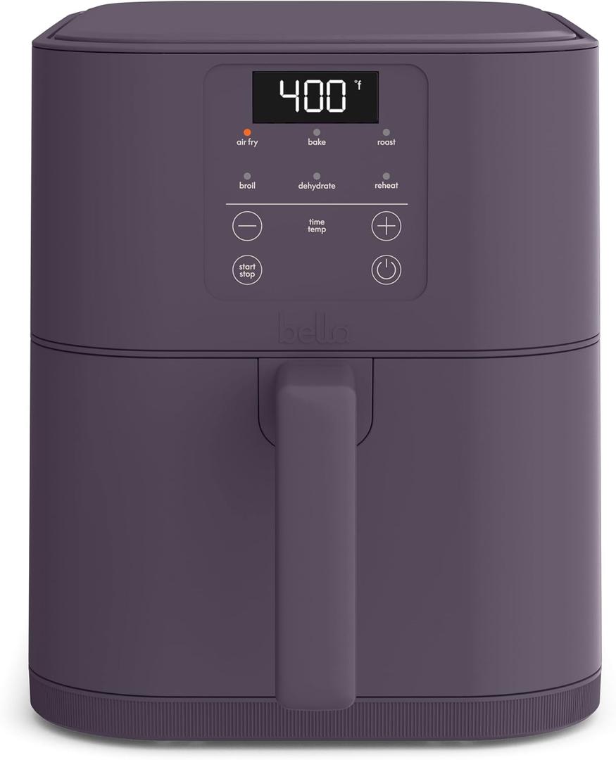 bella 6 Qt Slim Air Fryer, Fits-anywhere Kitchenware, EverGood Ceramic Nonstick Coating, Adjustable Temperature, 6 Preset Cooking Options, 60 Min Auto Shutoff w Audible Tone, 5lb Capacity, Plum