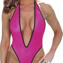 SHERRYLO Sheer One Piece Thong Swimsuit for Women Sexy Plunging See Thru Monokini High Cut Bodysuit Slutty Mesh Lingerie (Large-X-Large, Fuchsia Black)