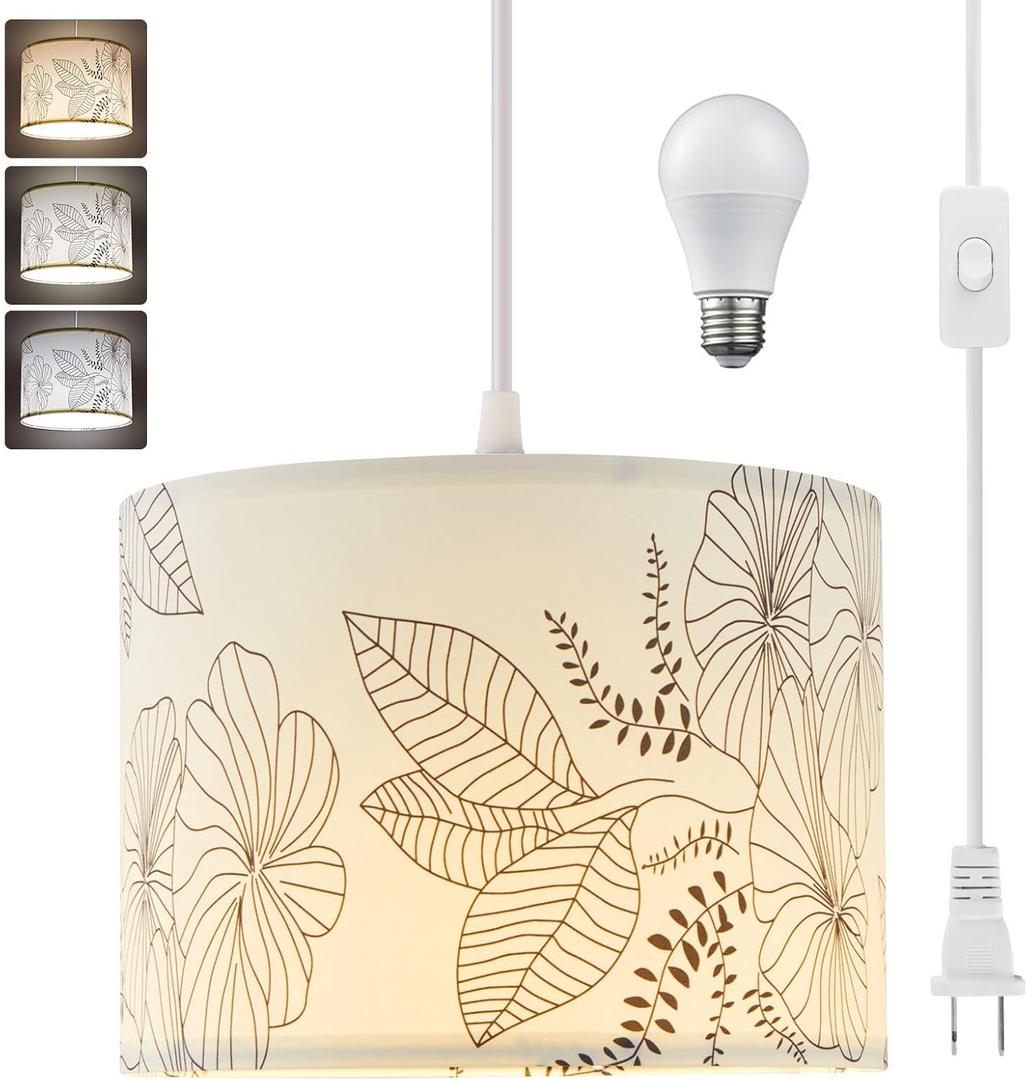 Plug in Pendant Light, 15 FT Hanging Lamp with Plug in Cord, On/Off Switch, Flower Fabric Shade, 3 Color Bulb Hanging Light Fixture for Bedroom, Living Room Dining