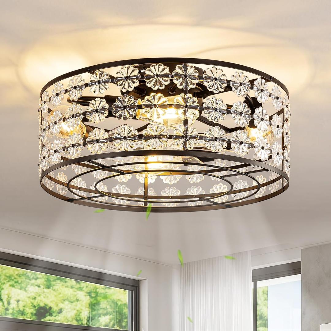 Black Modern Flower Crystal Fandelier with Light and Remote, Rustic Caged Ceiling Fan Flush Mount, Low Profile Ceiling Fans with Lights, 6-Speed Reversible for Bedroom, Girls Room, Living Dining Room