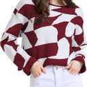 Women's Sweaters Color Block Cropped Sweater Tops Long Sleeve Loose Pullover Knit Jumper Top Checkered Fall Fashion 