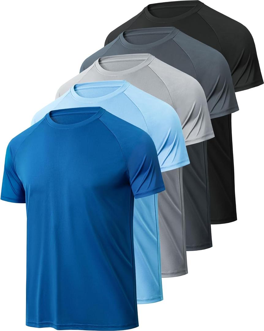 BALENNZ Workout Shirts for Men, Moisture Wicking Quick Dry Active Athletic Men's Gym Performance T Shirts (3X-Large, 5 Pack Black, Dark Grey, Light Grey, Blue, Light Blue)