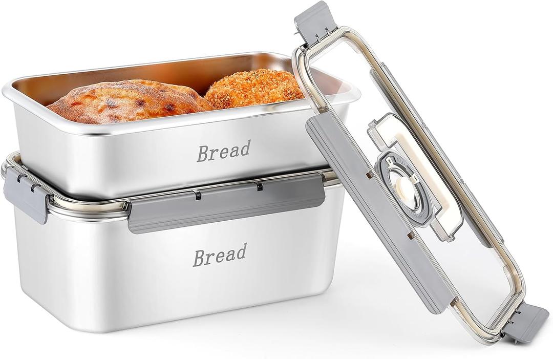 2 Pcs Bread Box for Kitchen Counter, Time Recording Bread Storage Container with Airtight Lid, Large Capacity Stainless Steel Fresh Keeping Box for Vegetable Fruit (13.39 x 7.28 x 5.51 Inch)