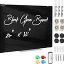 24" x 18" Magnetic Black Tempered Glass Whiteboard, Frameless Wall Mounted Dry Erase Board, No Ghosting, with Markers & Magnets for Office, Kitchen & Classroom