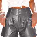 Fallorchid Women's Faux Leather High Waist Shorts Pleated Wide Leg Pants Shorts with Pockets (Large, Gray)