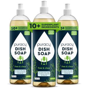Puracy Natural Dish Soap Packs- Unscented Skin-Softening Plant-Based Dishwashing Soap, Non-Toxic Dish Soap, Fragance Free Organic Liquid Dishwashing Detergent Soap (Unscented, 16 fl oz, 3 Pack)