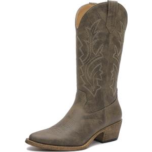 GLOBALWIN Women's Mid Calf Western Cowboy Boots Cowgirl Boots for Women with Floral Embroidery Side Zipper Chunky Heel (9.5, 23yy13 Brown)