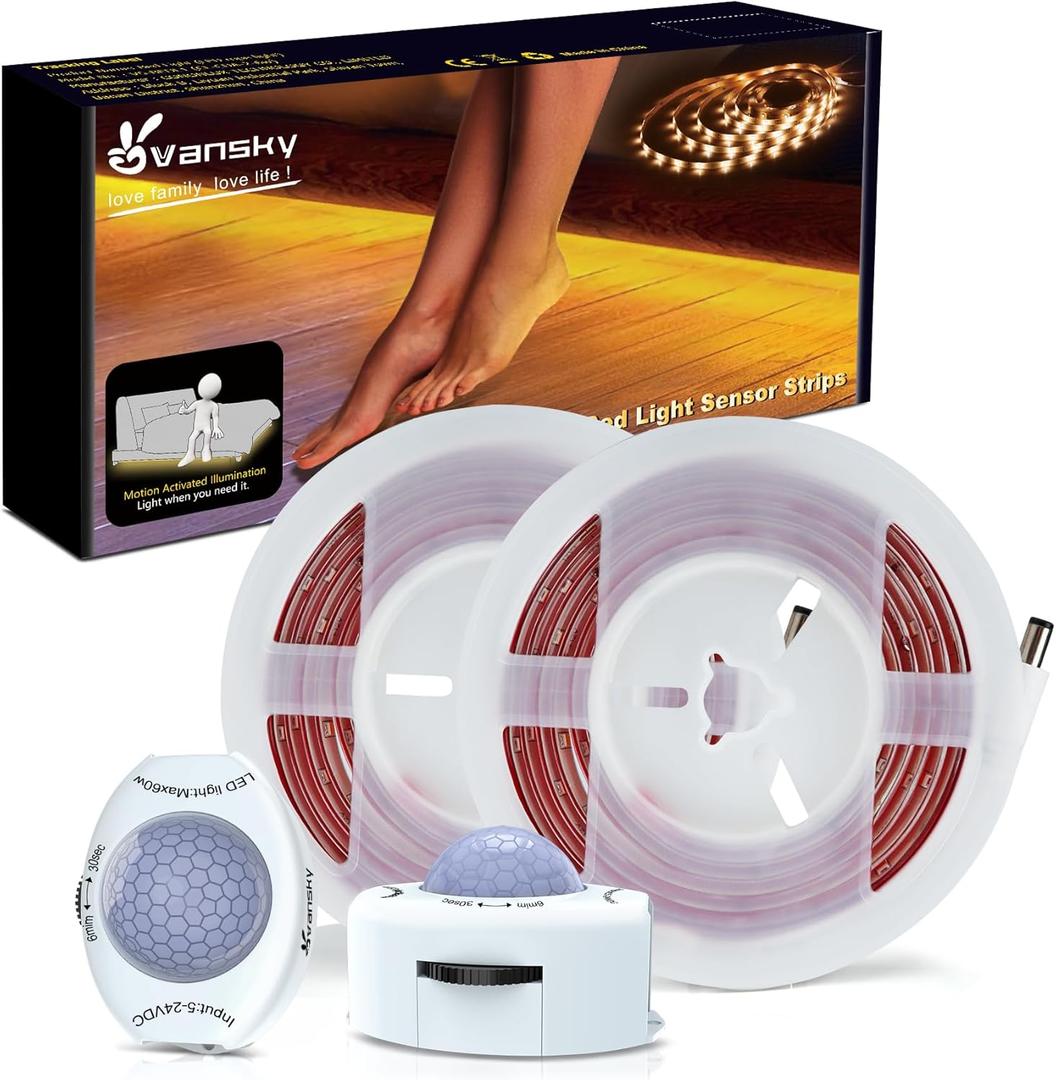 Vansky Motion Activated Bed Light, Flexible LED Strip Motion Sensor Night Light Bedside Lamp Illumination with Automatic Shut Off Timer (Warm Soft Glow)-Dual Light Strips Kit