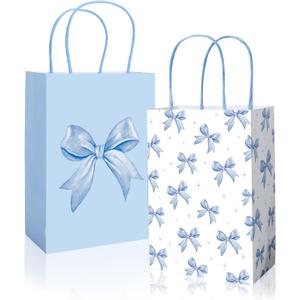 JarThenaAMCS 24Pcs Blue Bow Paper Bags Cute Bow Knot Treat Bag with Handles White Candy Goodie Bags Grocery Shopping Bag for Coquette Birthday Party Favors Supplies